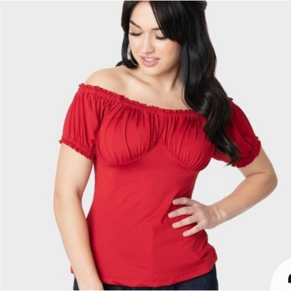 Unique Vintage Bernadette Off Shoulder Top - red